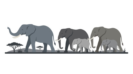 Elephant family walking through the African savanna. © flat.vector