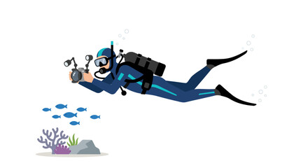 Scuba diver exploring reef with camera and fish. © flat.vector