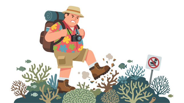 Tourist trampling coral reef causing environmental damage illustration.