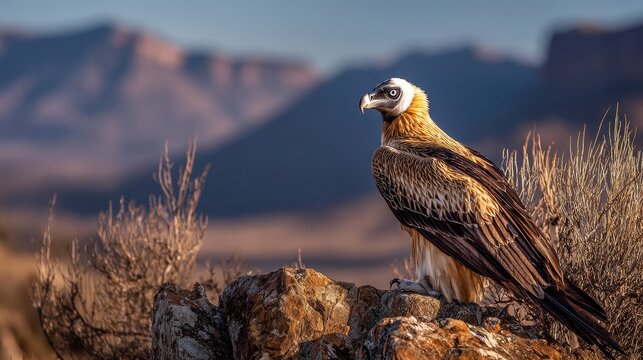 Endangered bearded vulture perched on a sunlit rock in South Africa