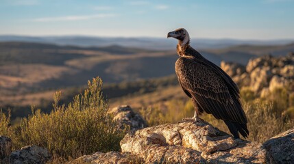 Fototapeta premium Aegypius monachus resting on rugged terrain with distant hills in Spain
