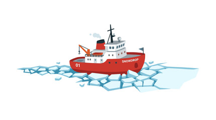 Red icebreaker ship navigating through frozen arctic waters. © flat