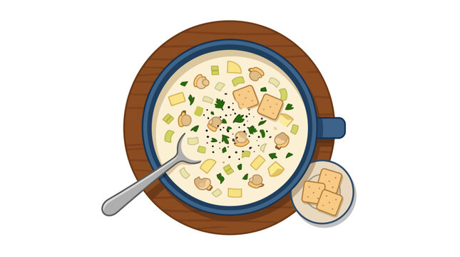 Top down view of creamy soup bowl with crackers.