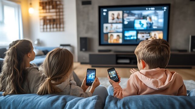 Three children sit on a couch, using phones while watching TV.
