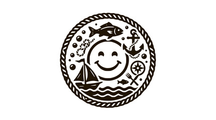 Smiling face in nautical rope frame with seafood icons. © firman
