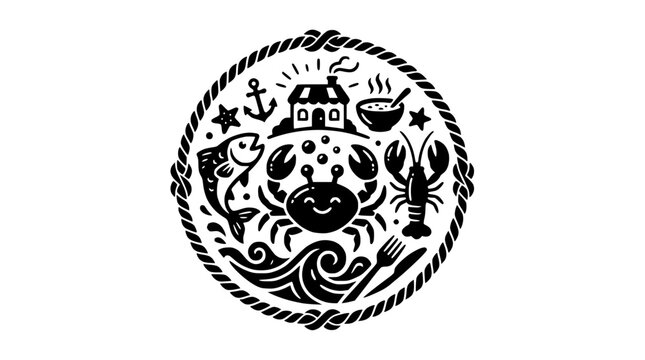 Round rope frame seafood logo with crab and house.