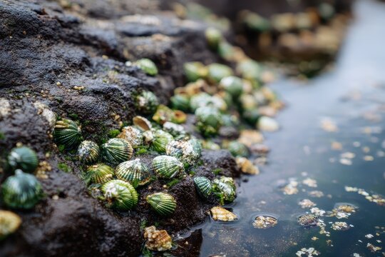 Wet coastal textures: limpets and shells along Caerfai Beach, Wales