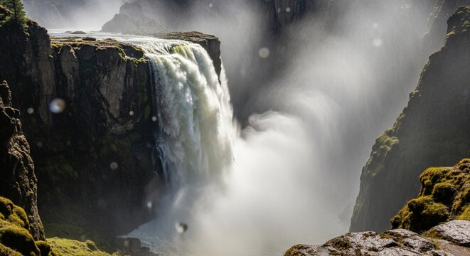 A majestic waterfall creating a thick cloud of mist that hides the bottom of a deep canyon