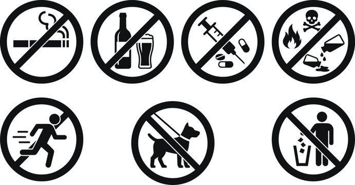 Prohibition restriction signs vector icons set featuring no smoking alcohol drugs toxic hazard running pets and littering black circle silhouette symbols.
