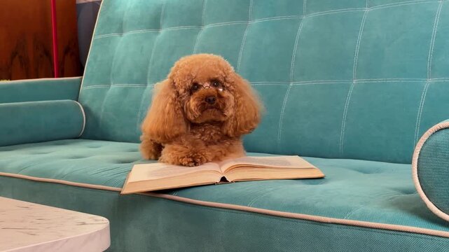 Apricot toy poodle perched on open book on teal sofa through calming domestic sequence