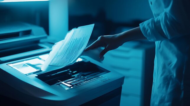 Woman's hand placing documents into a large office copier/scanner at night.