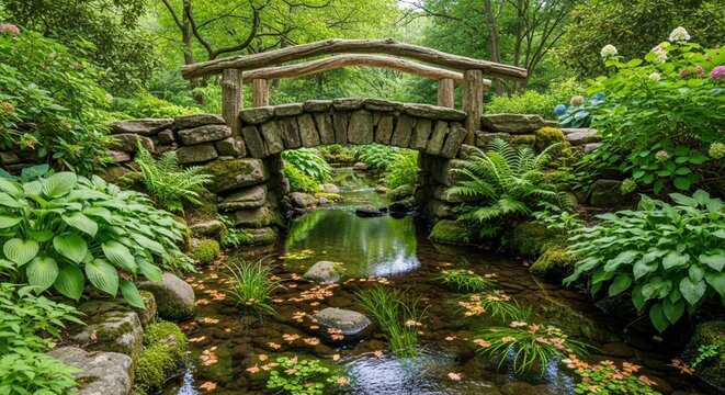 A peaceful stone bridge arching over a small stream in a lush green garden