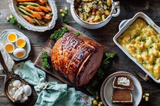 Overhead view of a traditional Easter ham dinner on a dark wood table with ham, potatoes, eggs, buns and carrot cake