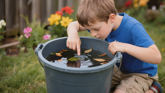 Curious Boy Exploring Water in a Bucket in a Garden