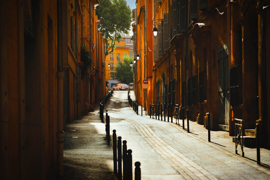 View of provence typical city Aix en Provence with old house facade in the morning