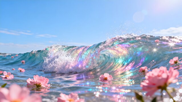 Colorful wave with floating flowers