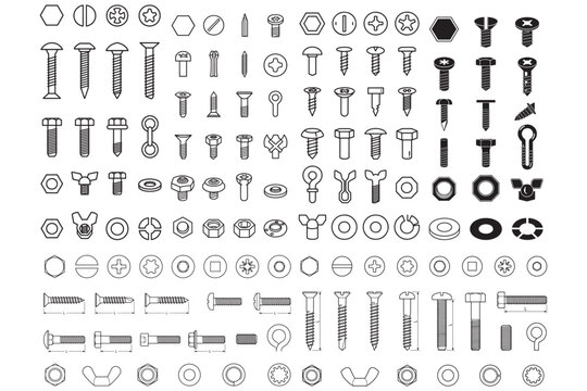 Industrial Fastener, Screw, Bolt, and Nut Icon Set - Vector Technical Schematics for Engineering Blueprints