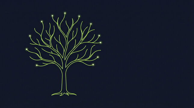 Glowing digital tree icon on dark background