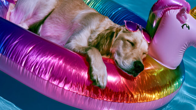 A dog peacefully napping on a colorful inflatable unicorn float in a swimming pool, cute summer pet vacation concept