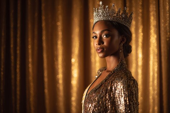 Unknown beauty pageant contestant in a sparkling long gown and crown with sash in stage-lit portrait