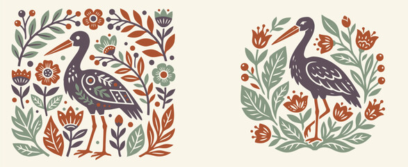 Obraz premium Set of minimalist flat vector illustrations featuring a stylized rustic stork wading bird surrounded by abstract botanical foliage and flowers in a modern folk art linocut style.