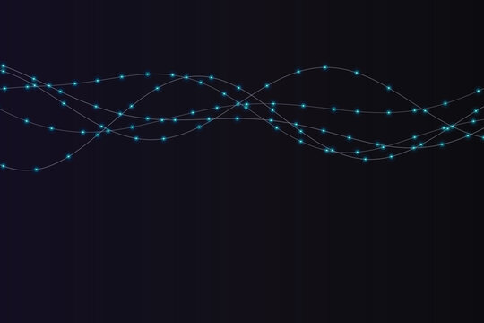 Wavy blue fairy lights on dark background, curved illuminated string lights pattern blue lights