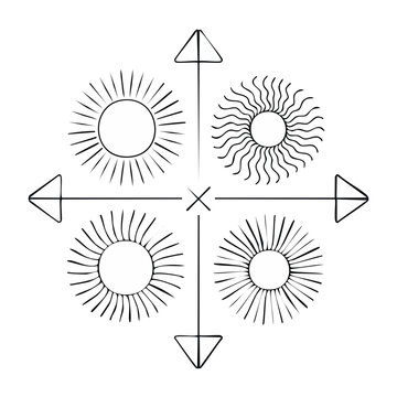 Line art compass rose with sun symbols