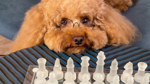 Apricot toy poodle wearing round glasses observing chessboard on striped cushion through staged