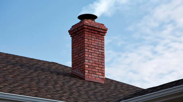 close up of brick chimney with metal cap on shingle roof against clear blue sky representing home architecture