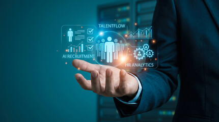 Fototapeta premium Business Professional Utilizing Advanced Artificial Intelligence Technology for Modern Human Resources Management and Digital Talent Acquisition Analytics Processes