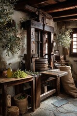 Fototapeta premium Heritage craft of olive oil extraction: traditional wooden press in a rural workshop