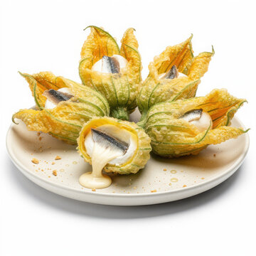 Authentic Fiori di Zucca Fritti Stuffed Fried Zucchini Blossoms Isolated on White Background