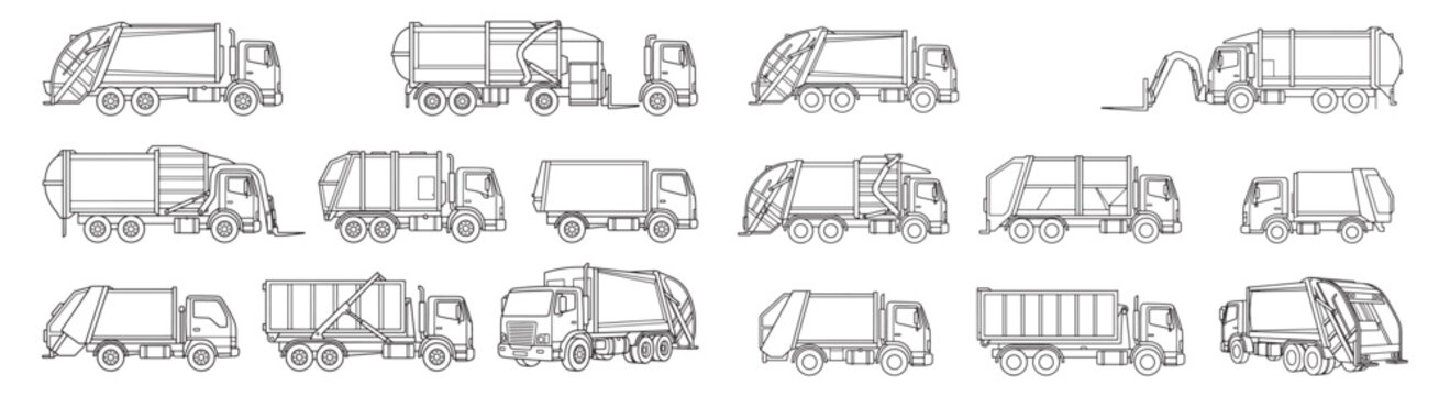 Collection of Garbage Trucks Line Art and Outline Icon Illustrations for Waste Management and Sanitation