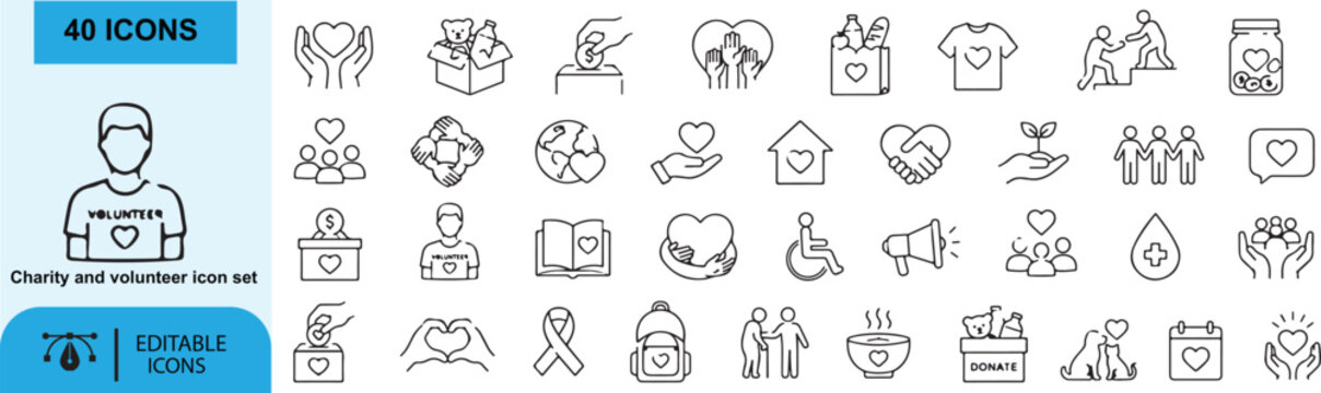 Charity and volunteer icons Each icon will be different, create a vector outline icons using white background and black color.