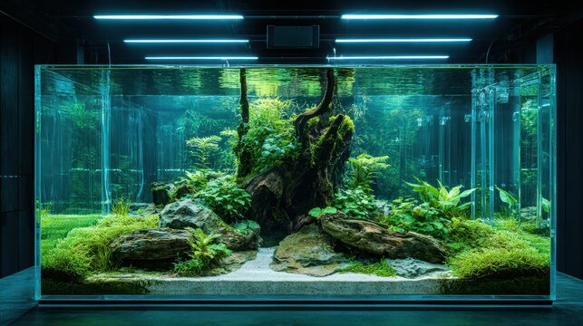 Pristine freshwater aquascape with lush green plants and natural hardscape in a glass aquarium