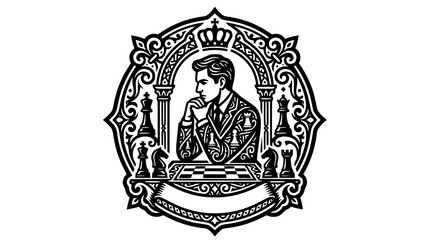 Chess player thinking inside an ornate frame crest © gerrymurniawan