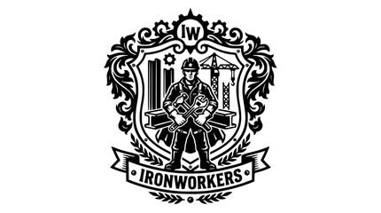 Obraz premium Ironworkers union crest with construction worker and tools.