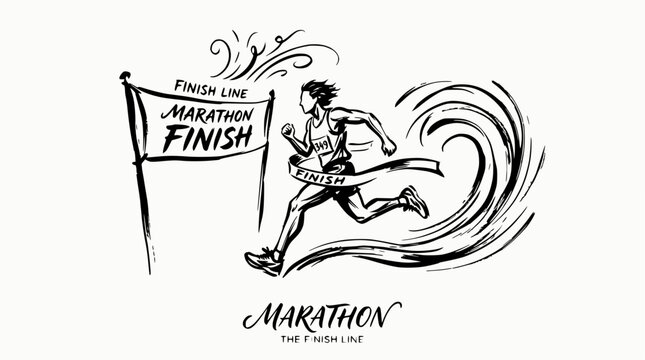 Minimalist line art marathon runner crossing finish line tape.
