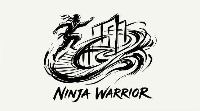 Ninja warrior silhouette running with dynamic brush strokes.