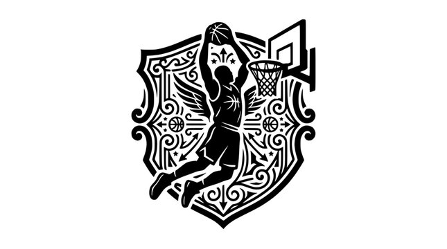 Basketball player dunking within an ornate shield emblem