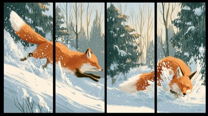 Obraz premium Dynamic multi-panel illustration of a fox jumping and diving into snow in a winter forest
