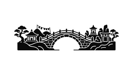 Obraz premium Traditional Japanese Bridge with Pagodas and Cherry Blossoms Silhouette