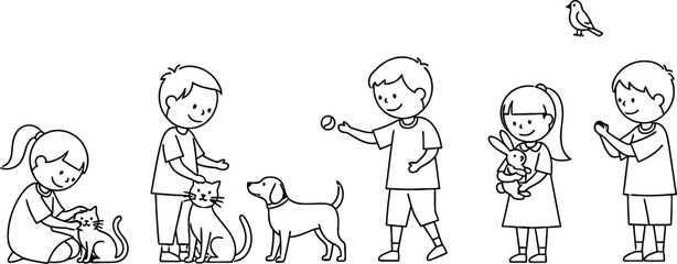 A line drawing of children with pets and animals including a girl with a cat, a boy with a cat and dog, a boy with a ball and dog, a girl with a stuffed bunny, and a isolated on transparent background © RAC.Design-Magic