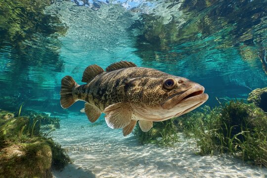 Predatory wolf fish navigating a rocky riverbed in pristine underwater light