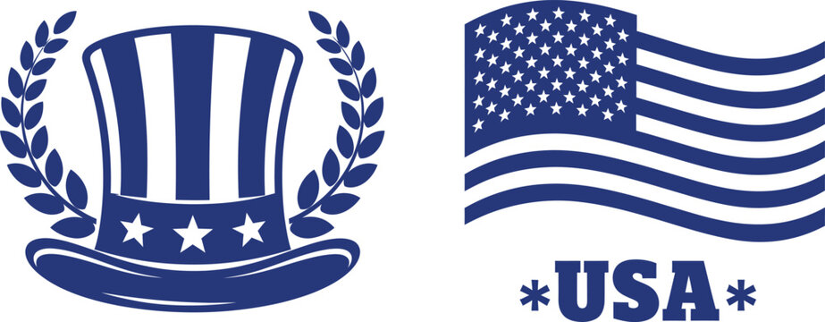 American flag and Uncle Sam's hat with laurel wreath on transparent background