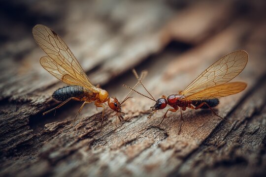 Close-up study of two flying insects: termite alate and ant alate resting on wood