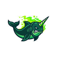 Angry narwhal with green glowing horn and mechanical armor. © Umul_art