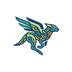 Fototapeta premium Vibrant robotic griffin mascot with mechanical and geometric details.