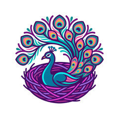 Fototapeta premium Decorative peacock illustration sitting in a woven purple nest.