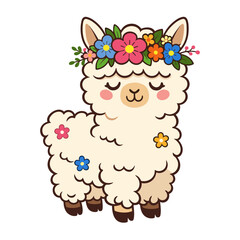 Naklejka premium Cartoon llama stands, adorned with a vibrant flower wreath, exuding innocence and natural beauty in a whimsical style